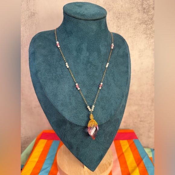 Jewelry - Vintage Gold-Tone Beaded Necklace with Faceted Crystal Drop Pendant